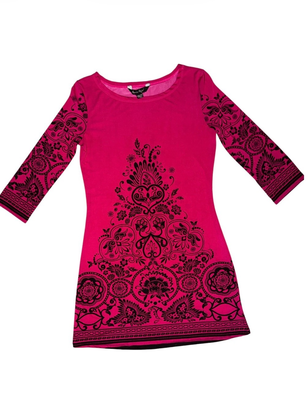 CHARLIE PAIGE Fuchsia&Black Paisley/Floral ScoopNeck 3/4 Sleeve Above Knee Dress